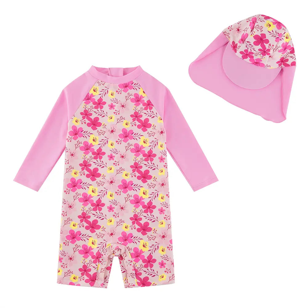 Baby Girl Snap Swimsuit with Sun Hat One Piece Sunsuit-Pink Flower