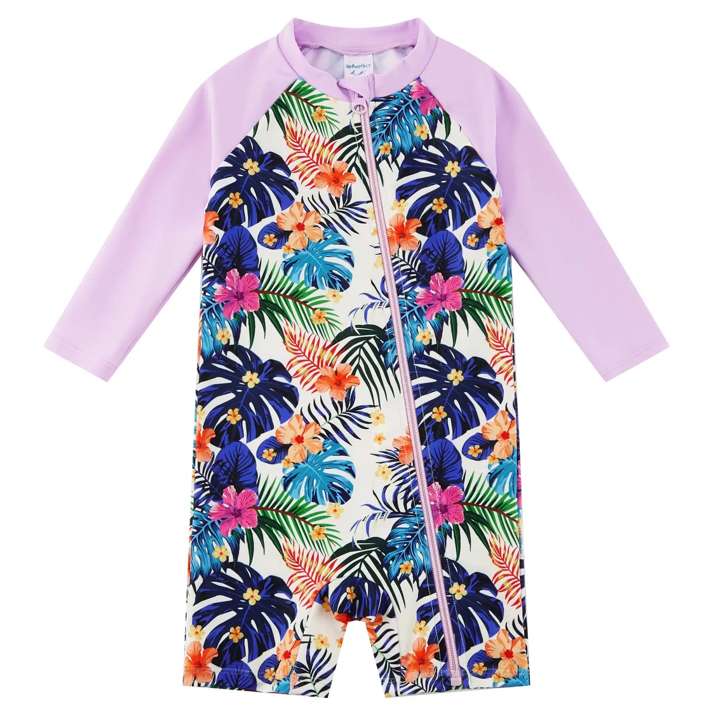 UPF 50+ Baby Girl Swimsuit Full Zipper Sunsuit-Purple Leaves