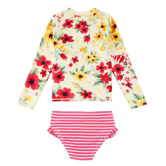 2-Piece Girls Rash Guard Set with Bikini Bottom-Beige Flower