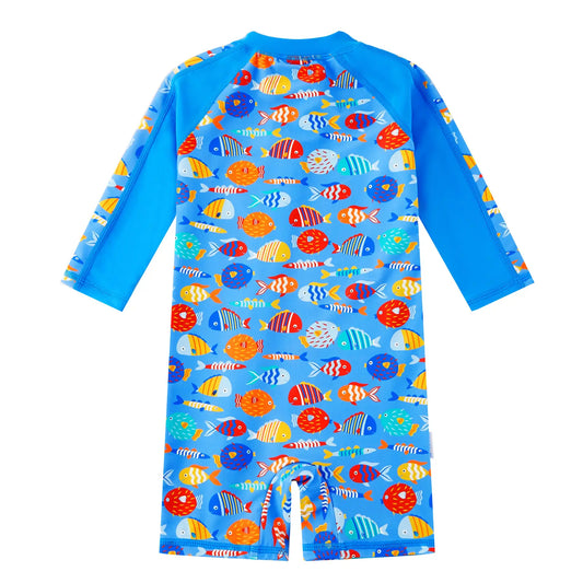 UPF 50+ Baby Boy One-piece Swimsuit with Full Zipper | Blue Colorful Fish