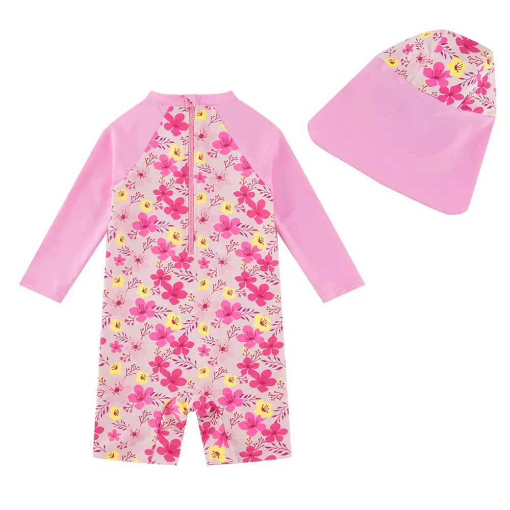 Baby Girl Snap Swimsuit with Sun Hat One Piece Sunsuit-Pink Flower