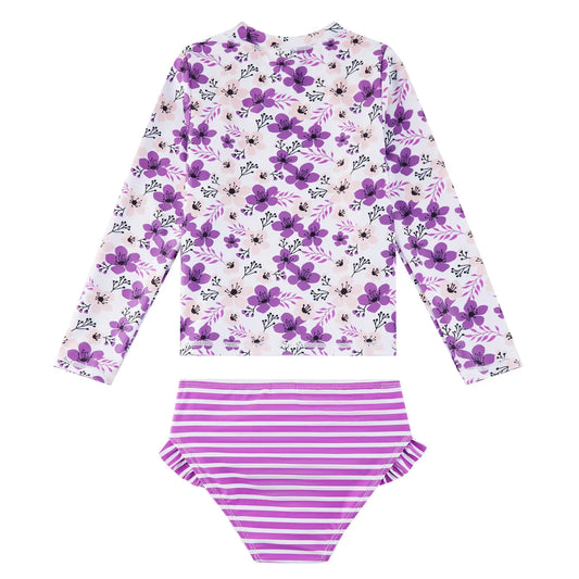 2 Pieces UPF 50+ Girl Rash Guard Set with Bikini Bottom-Purple Flower