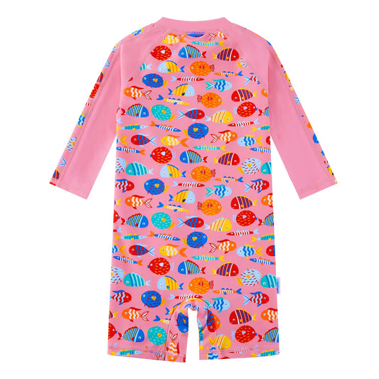 Baby Girls One Piece Swimsuit with Full Zipper UPF 50+ | Pink Tropical Fish