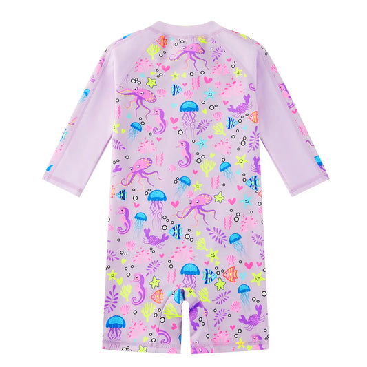 Baby Girls One Piece Swimsuit with UPF 50+ Full Zipper | Purple Octopus