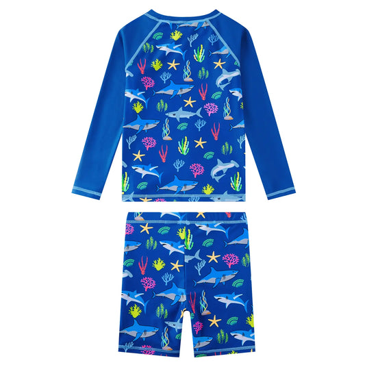 2 Piece Boy Rash Guard Set UPF 50+ Toddler Swimsuit-Blue Shark