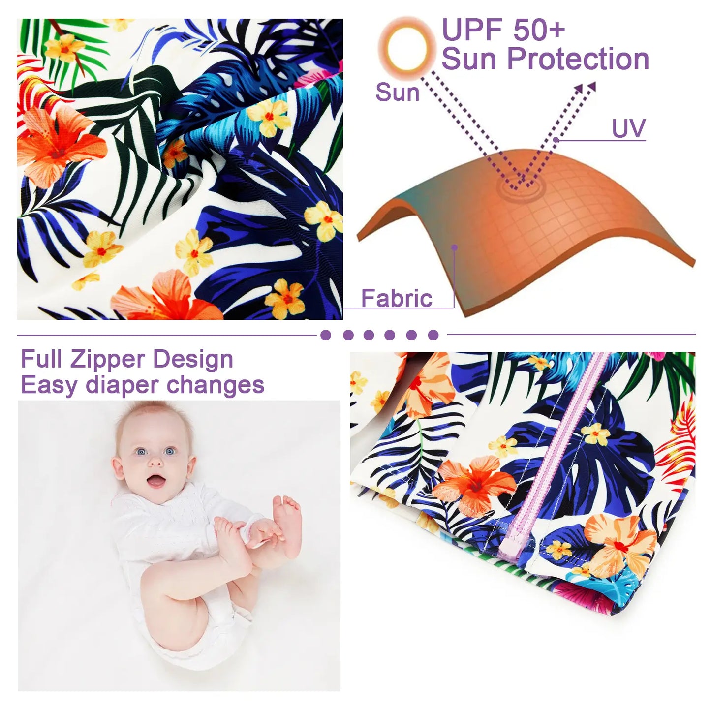 UPF 50+ Baby Girl Swimsuit Full Zipper Sunsuit-Purple Leaves