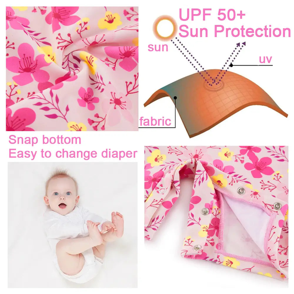 Baby Girl Snap Swimsuit with Sun Hat One Piece Sunsuit-Pink Flower