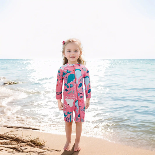 UPF 50+ Baby Girl Swimsuit Full Zipper Sunsuit-Pink Whale