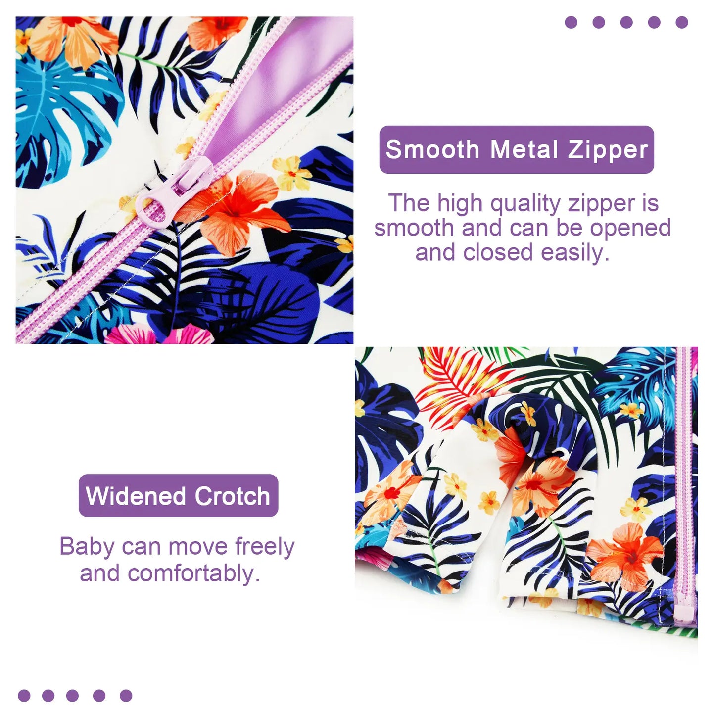 UPF 50+ Baby Girl Swimsuit Full Zipper Sunsuit-Purple Leaves