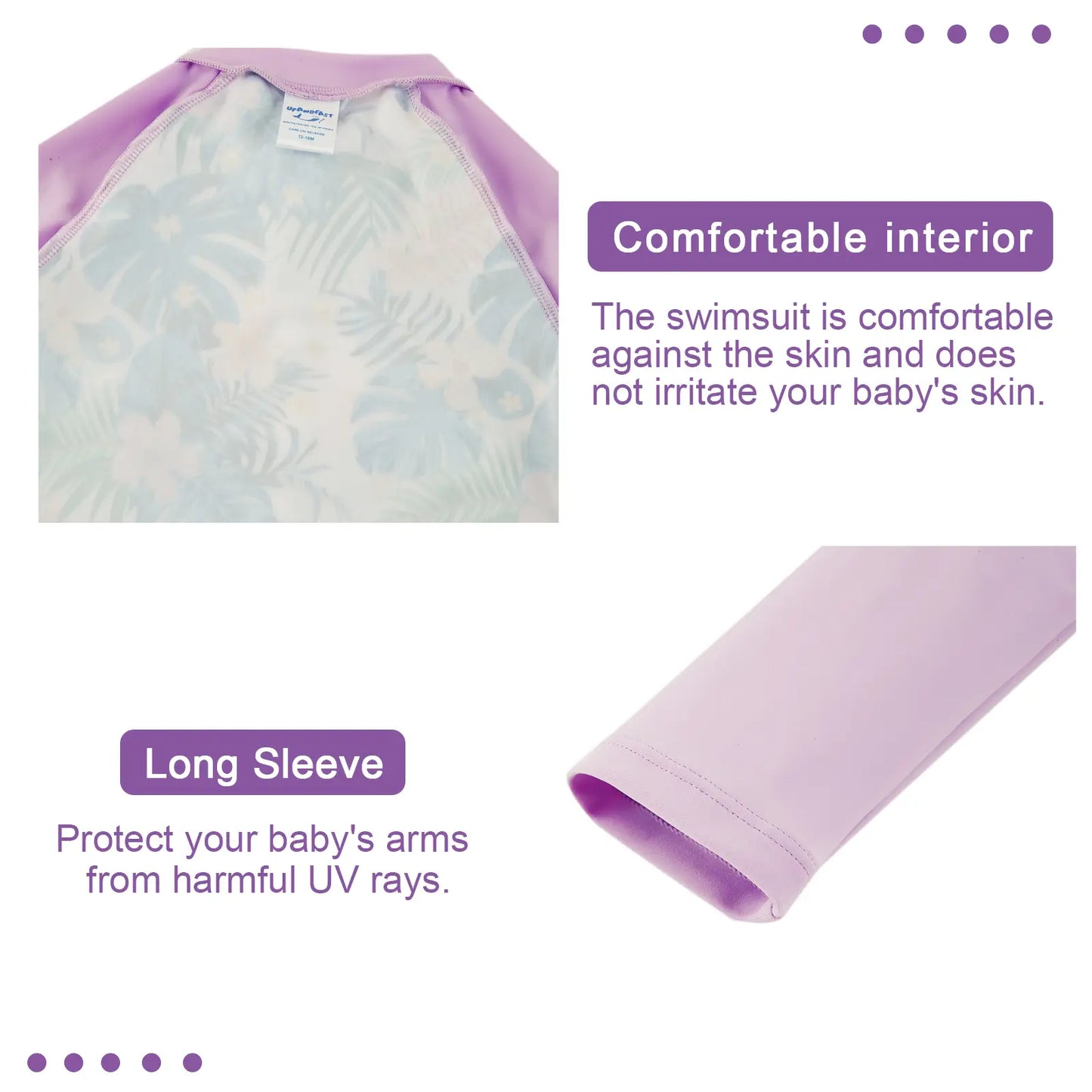 UPF 50+ Baby Girl Swimsuit Full Zipper Sunsuit-Purple Leaves