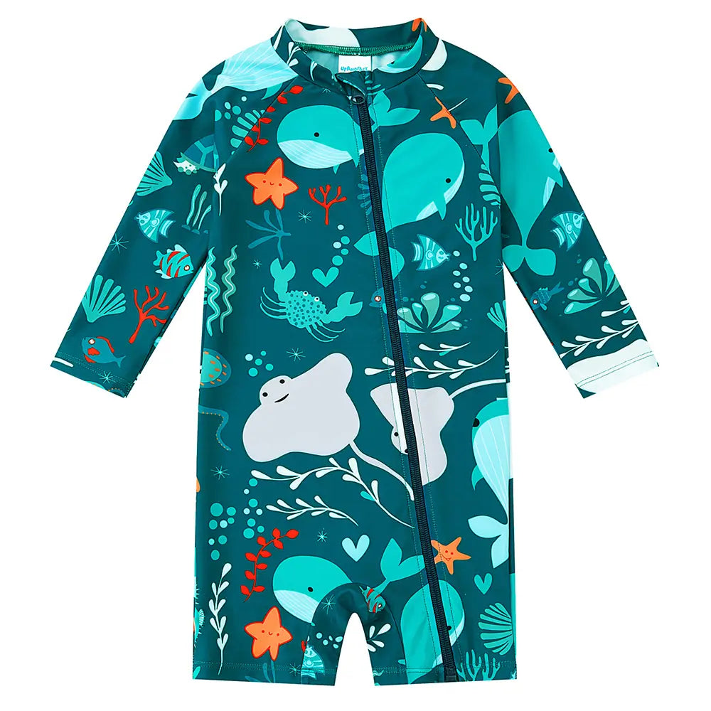 UPF 50+ Baby Boy Swimwear Full Zip Sunsuit-Green Whale