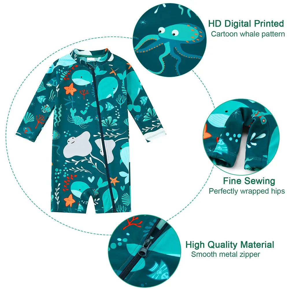 UPF 50+ Baby Boy Swimwear Full Zip Sunsuit-Green Whale
