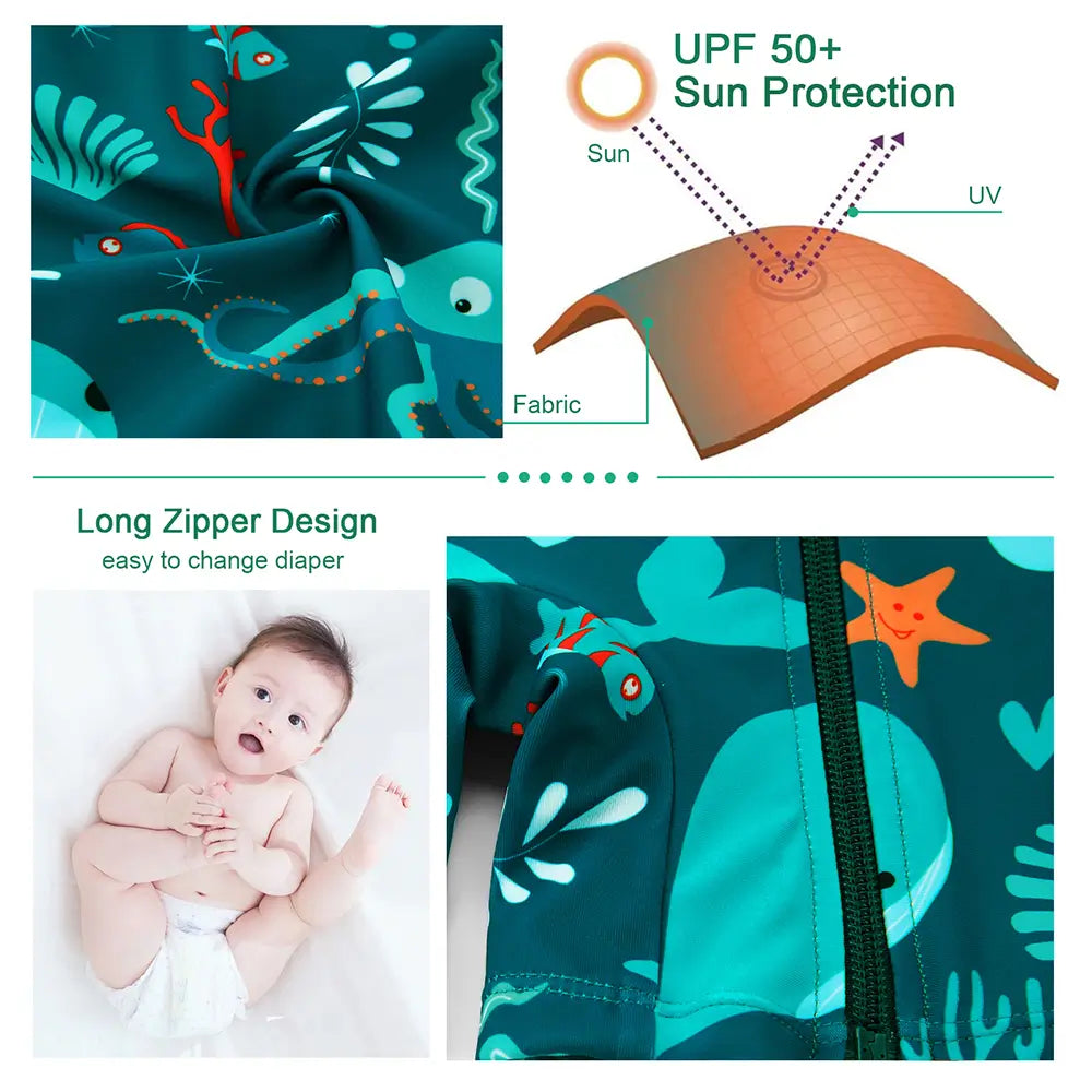 UPF 50+ Baby Boy Swimwear Full Zip Sunsuit-Green Whale