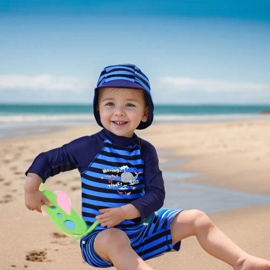 UPF 50+ Baby Boy One-Piece Sunsuit with Sun Hat-Whale
