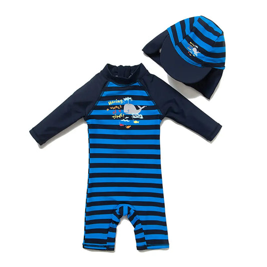 UPF 50+ Baby Boy One-Piece Sunsuit with Sun Hat-Whale