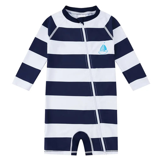 UPF 50+ Baby Boy One Piece Swimsuit with Full Zip-Striped