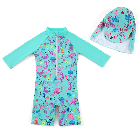 UPF50+ Baby Girl One-piece Swimsuits with Sun Hat-Octopus