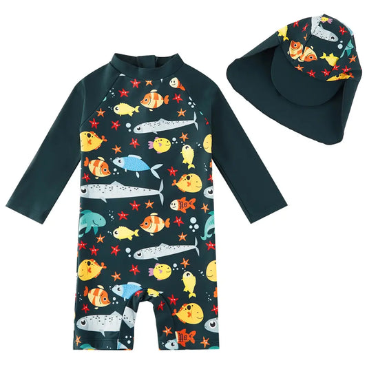 Baby Boy Swimwear with Sun Hat UPF 50+ Swimsuit-Ocean Fish