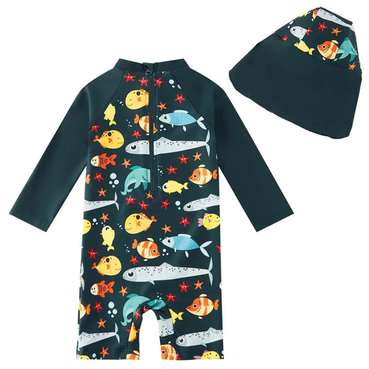 Baby Boy Swimwear with Sun Hat UPF 50+ Swimsuit-Ocean Fish