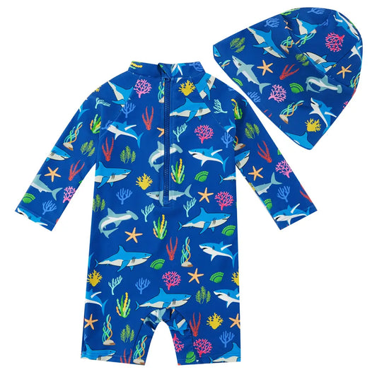 UPF 50+ Baby Boys Swimsuit with Sun Hat-Blue Shark