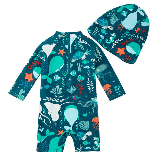 UPF50+ Baby Boy Swimwear with Sun Hat-Green Whale