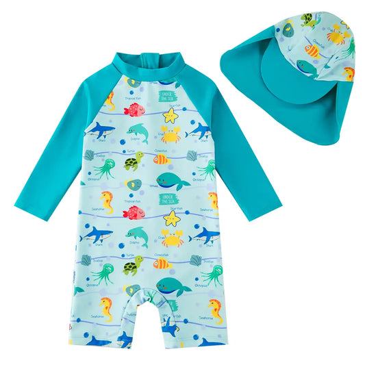 UPF 50+ Baby Boys Sunsuit Infant Swimsuit with Sun Hat-Marine Life