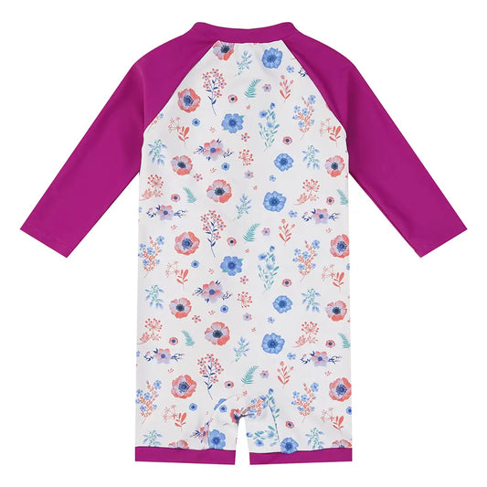 UPF 50+ Baby Girl Swimsuit Full Zip Sunsuit-Purple Flower