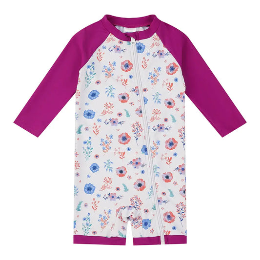 UPF 50+ Baby Girl Swimsuit Full Zip Sunsuit-Purple Flower