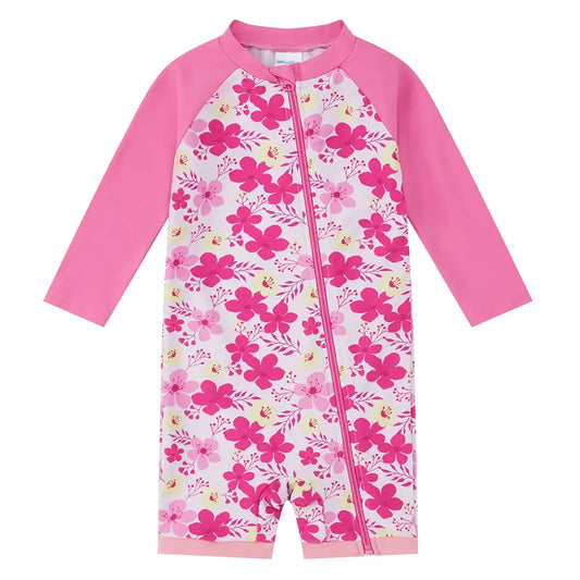 UPF 50+ Baby Girl Swimsuit Full Zip Sunsuit-Rose Flower