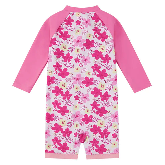UPF 50+ Baby Girl Swimsuit Full Zip Sunsuit-Rose Flower