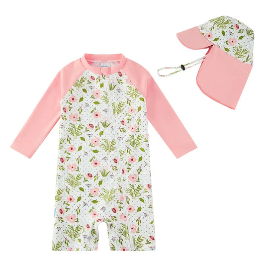 UPF 50+ Baby Girl Full Zip Swimsuit with Sun Hat-Pink Flower