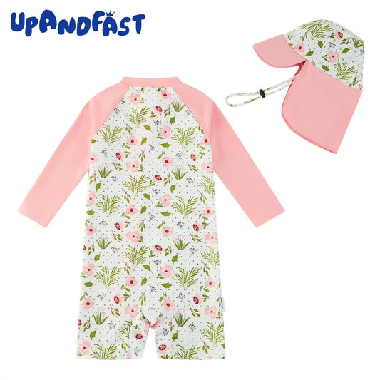 UPF 50+ Baby Girl Full Zip Swimsuit with Sun Hat-Pink Flower