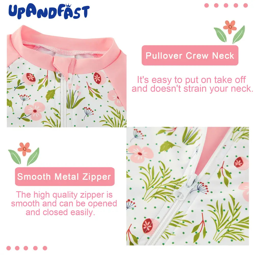 UPF 50+ Baby Girl Full Zip Swimsuit with Sun Hat-Pink Flower