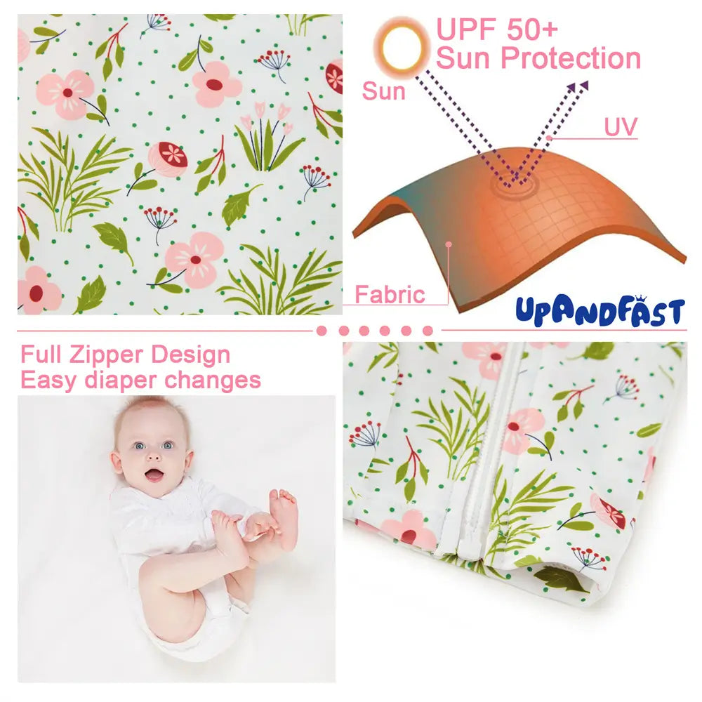 UPF 50+ Baby Girl Full Zip Swimsuit with Sun Hat-Pink Flower