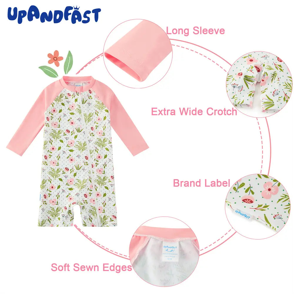 UPF 50+ Baby Girl Full Zip Swimsuit with Sun Hat-Pink Flower
