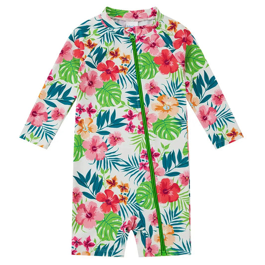 UPF 50+ Baby Girl Full Zipper Swimsuit-Green Flower