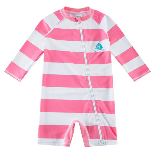 UPF 50+ Baby Girl One-piece Swimwear with Full Zip-Pink Striped