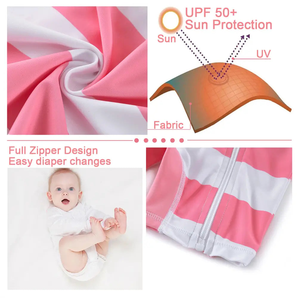 UPF 50+ Baby Girl One-piece Swimwear with Full Zip-Pink Striped