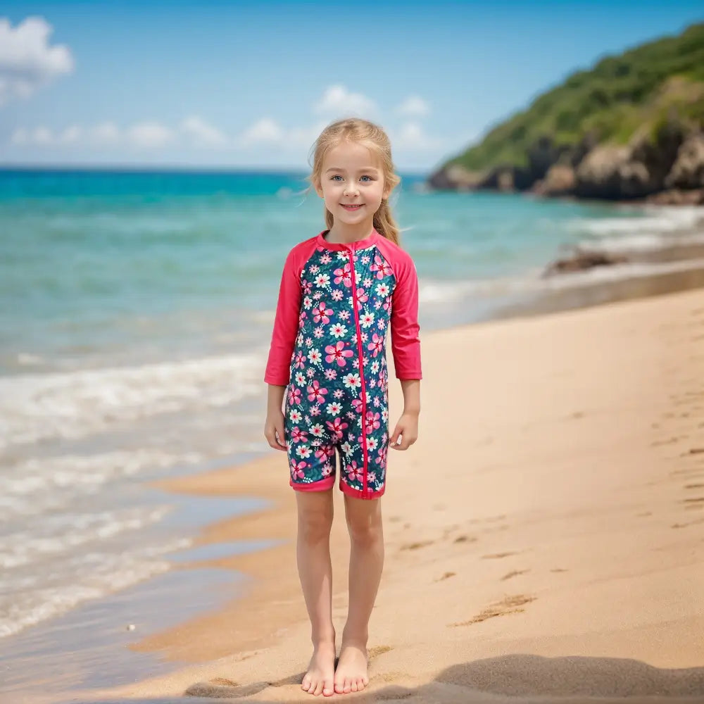 UPF 50+ Baby Girl One Piece Sunsuit with Full Zip-Navy Flower