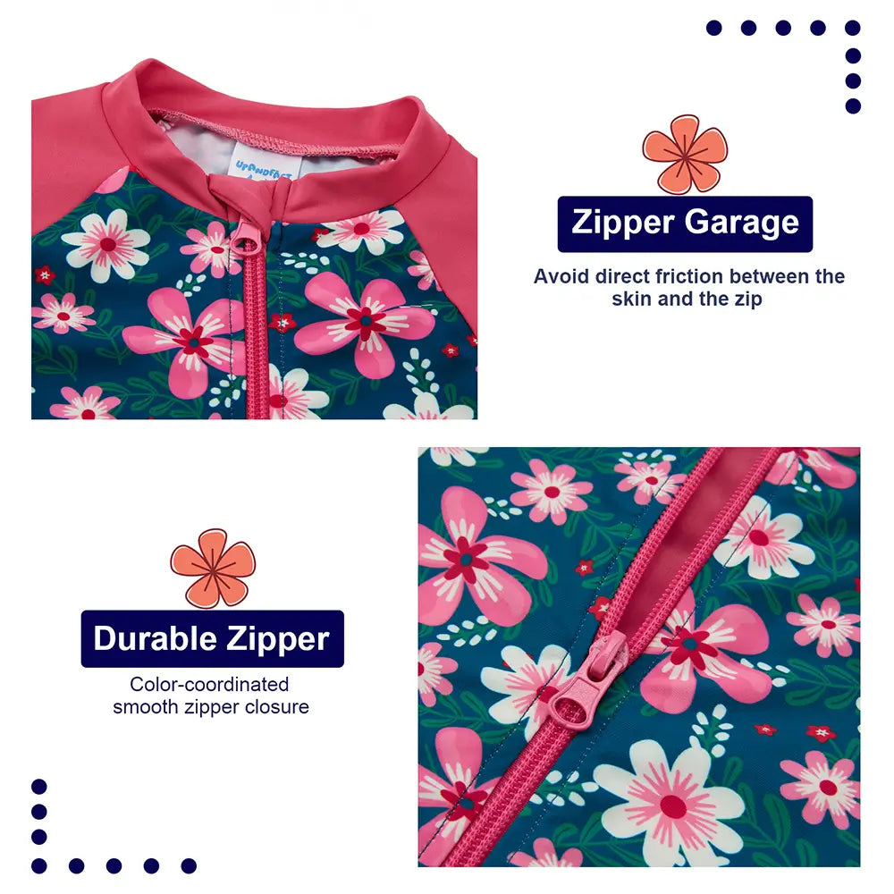 UPF 50+ Baby Girl One Piece Sunsuit with Full Zip-Navy Flower