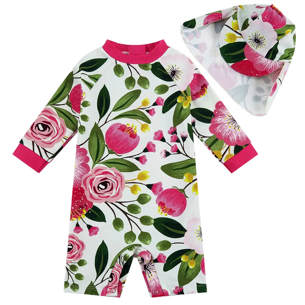 UPF50+ Baby Girl Swimsuit with Snap & Sun Hat-Rose Tulips