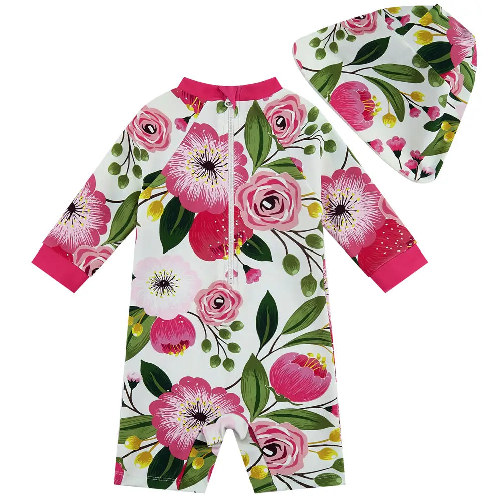 UPF50+ Baby Girl Swimsuit with Snap & Sun Hat-Rose Tulips