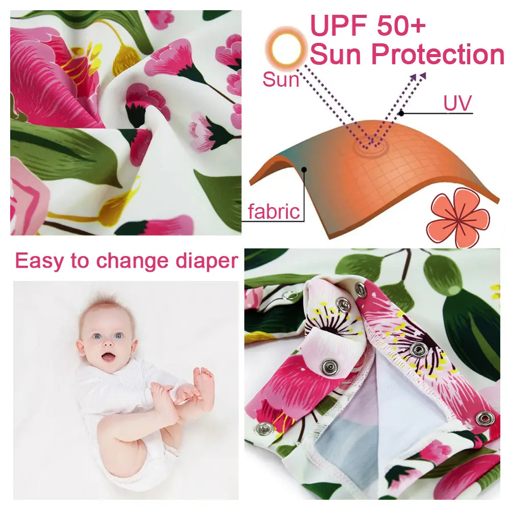 UPF50+ Baby Girl Swimsuit with Snap & Sun Hat-Rose Tulips