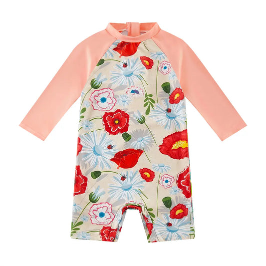 UPF 50+ Baby Girl Snap Swimsuit Infant Sunsuit-Red Flower
