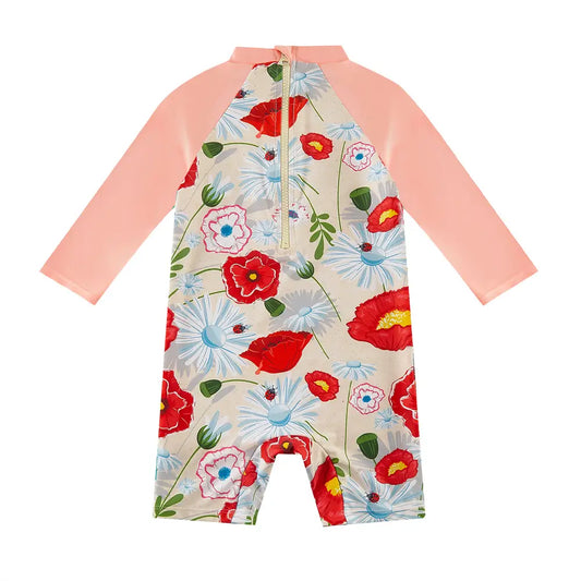 UPF 50+ Baby Girl Snap Swimsuit Infant Sunsuit-Red Flower