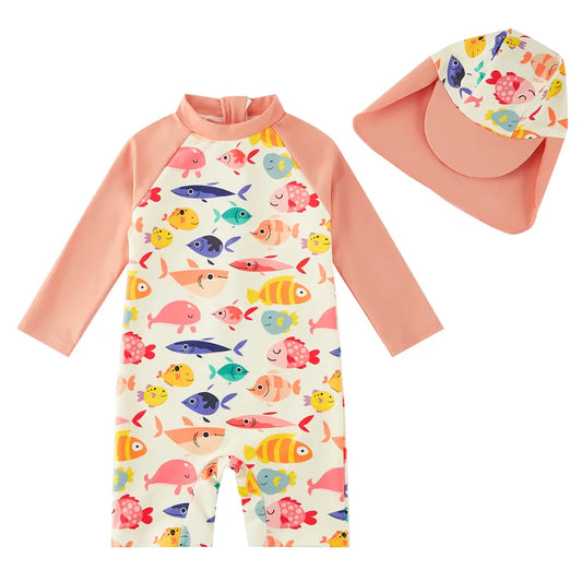 UPF 50+ Sunsuit Baby Girl Swimsuit with Sun Hat-Orange Fish