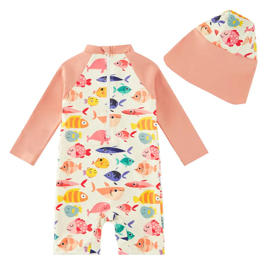 UPF 50+ Sunsuit Baby Girl Swimsuit with Sun Hat-Orange Fish