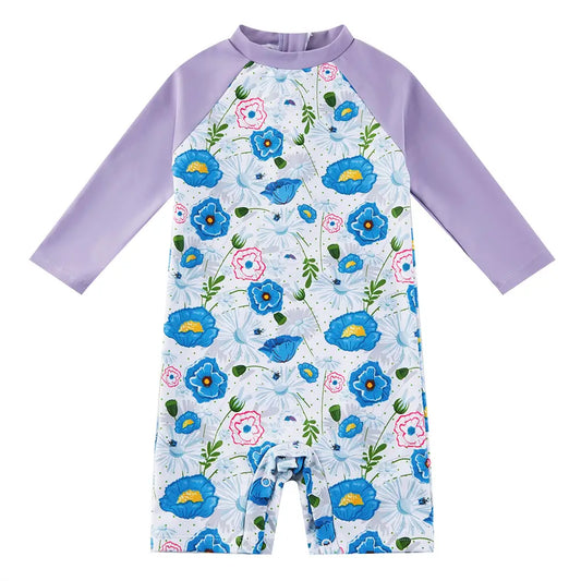 UPF 50+ Sunsuit Baby Girl One Piece Swimsuit with Snap-Blue Flower