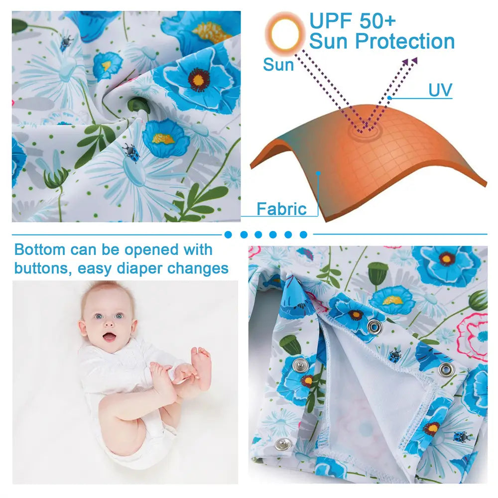 UPF 50+ Sunsuit Baby Girl One Piece Swimsuit with Snap-Blue Flower