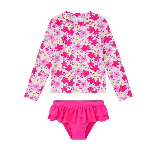 UPF 50+ Girl Split Swimsuit Rash Guard Set-Pink Flower